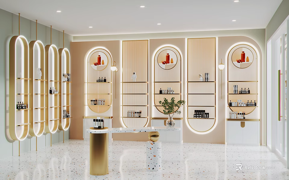 Elegant Modern Boutique Interior With Circular Display Shelves Products And Lighting Fixtures 3d model 