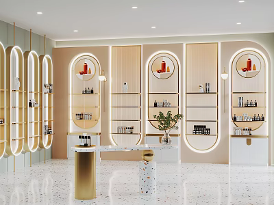 Elegant Modern Boutique Interior With Circular Display Shelves Products And Lighting Fixtures 3d model