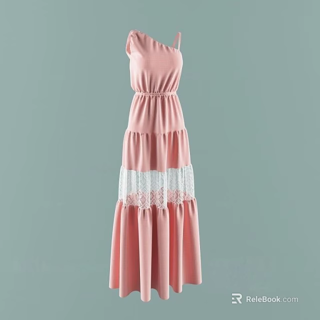 Pink One Shoulder Dress with Smocked Waist Layered Skirt and White Lace Detail 3d model 