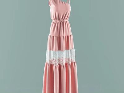 Pink One Shoulder Dress with Smocked Waist Layered Skirt and White Lace Detail 3d model