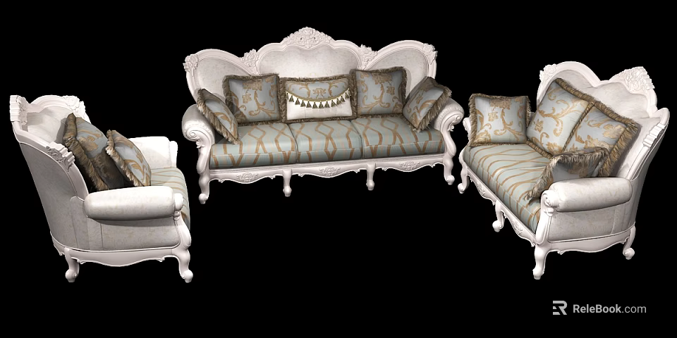 Elegant Classic Sofa Set With Ornate Carvings Striped Upholstery And Decorative Pillows 3d model 