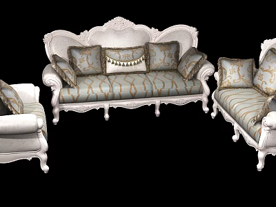 Elegant Classic Sofa Set With Ornate Carvings Striped Upholstery And Decorative Pillows 3d model
