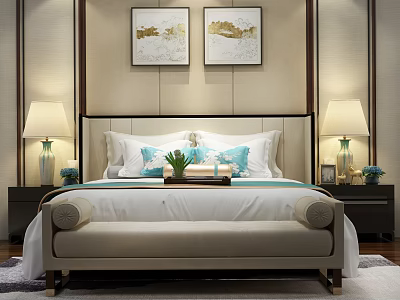 Elegant Modern Bedroom Interior With Double Bed Decorative Paintings Table Lamps And Bench 3d model