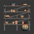 Decorative Ceramic Pots and Vases on Multi Layer Wooden Shelf with Colorful Patterns