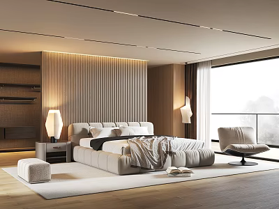Elegant Modern Bedroom With Striped Wall Bed Nightstand Lamp Armchair And Area Rug 3d model
