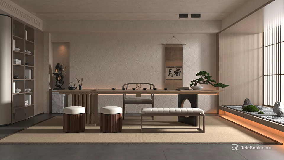 Modern Minimalist Tea Room Interior With Long Table Seating And Decor 3d model