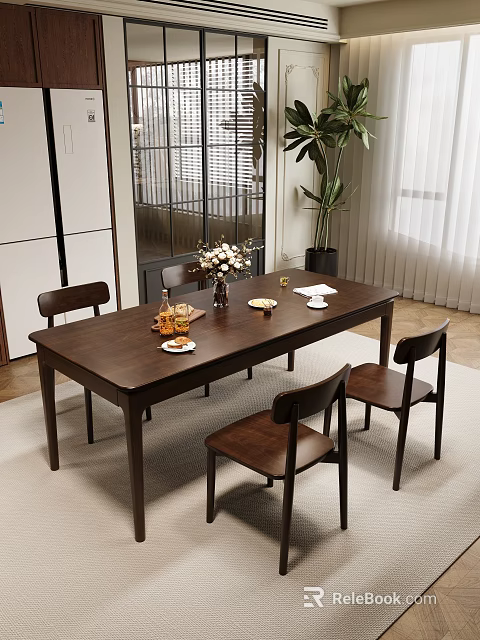 Dark Wooden Dining Table Set with Chairs Flowers Plates Cups and Plant 3d model 
