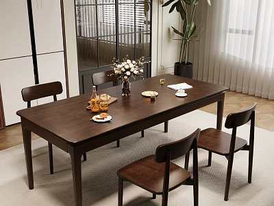 Dark Wooden Dining Table Set with Chairs Flowers Plates Cups and Plant 3d model