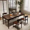 Dark Wooden Dining Table Set with Chairs Flowers Plates Cups and Plant