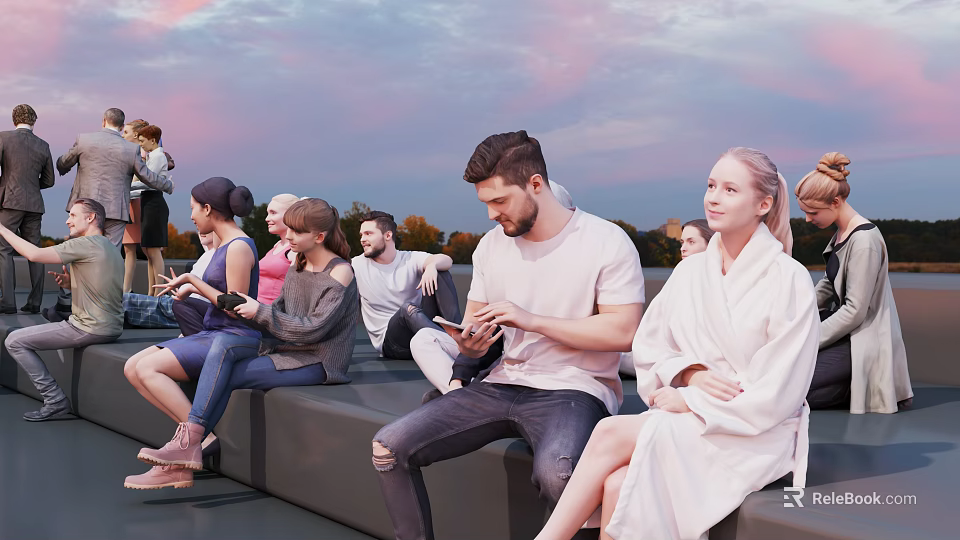 Group of People Relaxing Outdoor Evening Sitting on Benches with Sunset Sky and Smartphones 3d model 
