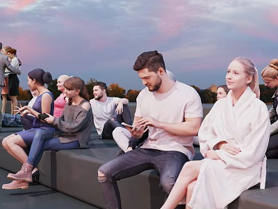 Group of People Relaxing Outdoor Evening Sitting on Benches with Sunset Sky and Smartphones 3d model