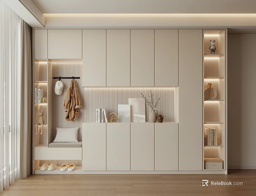 Modern Shoe Cabinet Design With LED Lighting Clothing Hanger Bench And Storage Shelves 3d model 