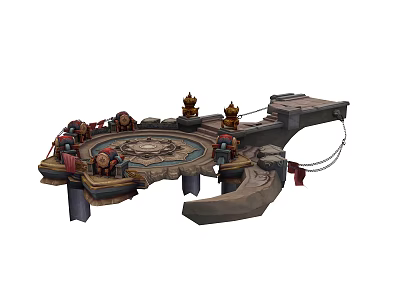 Mythical Platform Scene Featuring Circular Ground Characters Decorative Towers And Chains 3d model