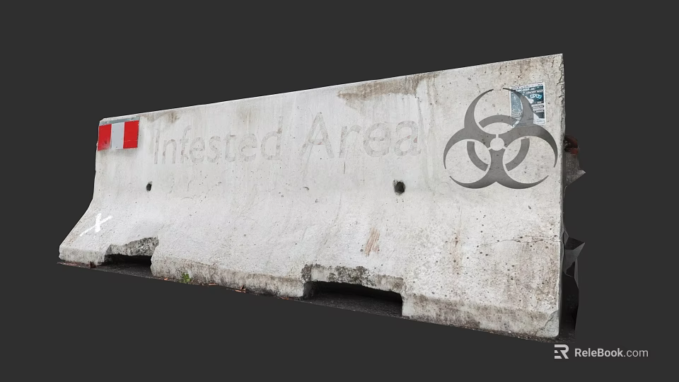 Weathered Concrete Barrier With Invested Area Text And Biohazard Symbol 3d model 