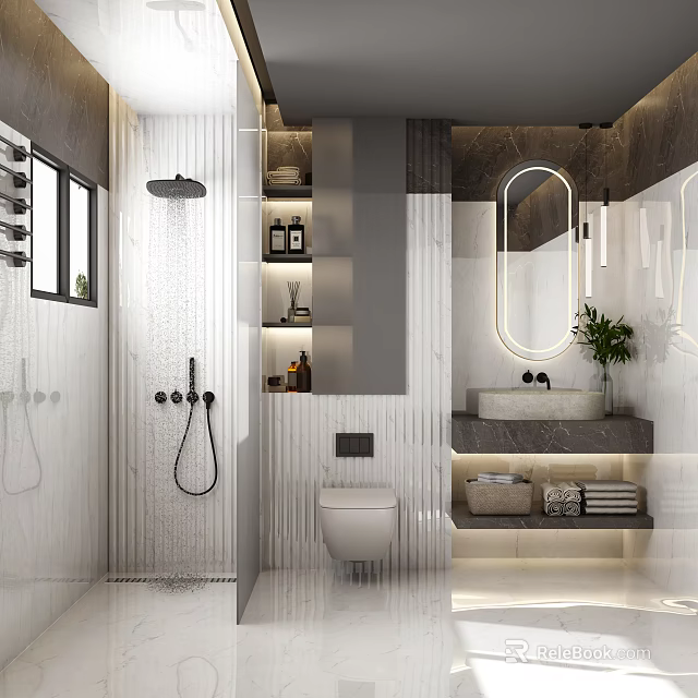 Modern Bathroom Interior With White Vertical Striped Tiles Round Mirror Marble Vanity And Shower Area 3d model 
