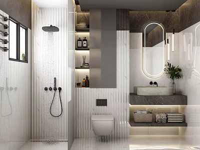 Modern Bathroom Interior With White Vertical Striped Tiles Round Mirror Marble Vanity And Shower Area 3d model