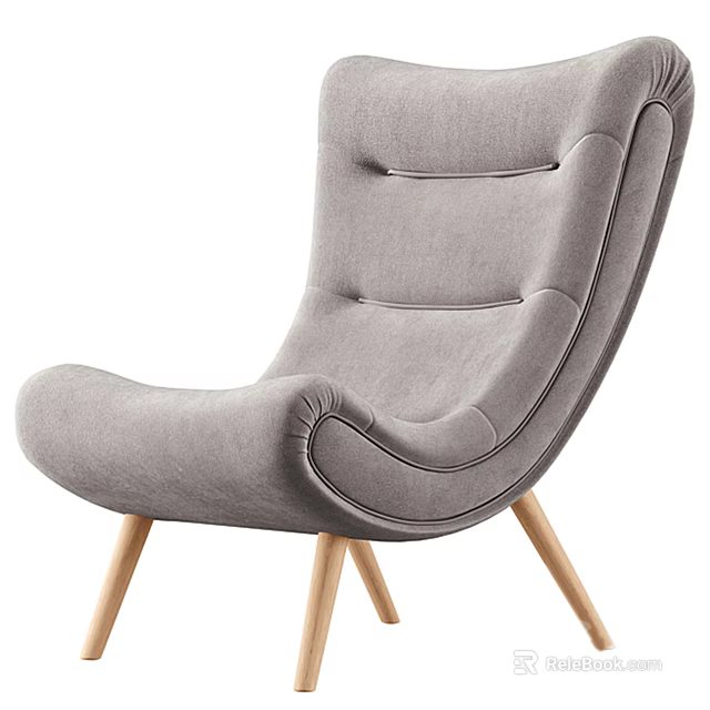 Gray Fabric Lounge Chair with Curved Backrest Wooden Legs and Modern Design 3d model 