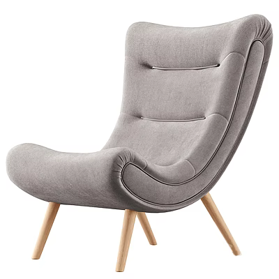 Gray Fabric Lounge Chair with Curved Backrest Wooden Legs and Modern Design 3d model