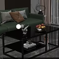 Modern Black Coffee Table With Glass Top Metal Frame And Fruit Tray In Living Room