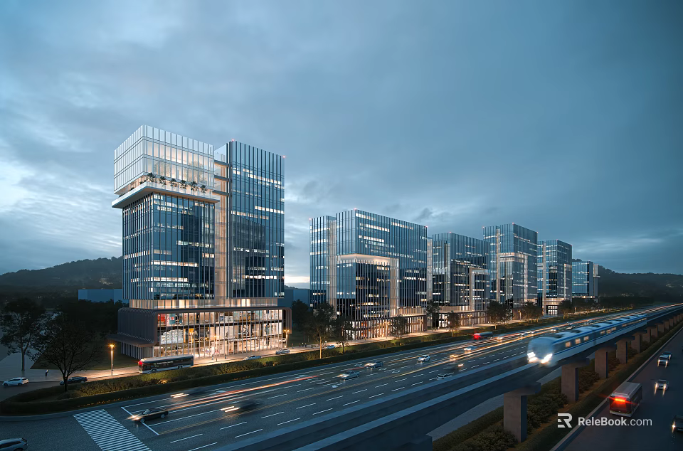 Modern Office Towers With Glass Curtain Walls At Evening Along Urban Road With Traffic 3d model 