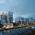 Modern Office Towers With Glass Curtain Walls At Evening Along Urban Road With Traffic