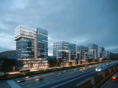 Modern Office Towers With Glass Curtain Walls At Evening Along Urban Road With Traffic 3d model