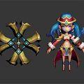 Vibrant Game Character With Blue Hair Colorful Hat And Golden Cross Weapon With Blue Gems