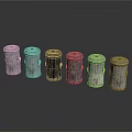 Six Cylindrical Trash Cans With Different Textured Surfaces Arranged On Black Background