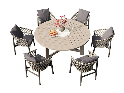 Outdoor Wicker Dining Set with Round Table Gray Cushioned Chairs Flower Vase and Fruit Platter 3d model