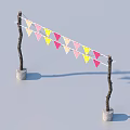 Garden Ornament With Trunk Supports Cement Bases And Colorful Triangular Flags Against Blue Sky