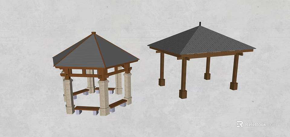 Hexagonal And Square Landscape Pavilions With Stone Wooden Pillars And Gray Roofs 3d model 