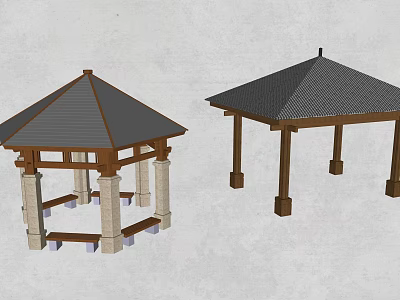 Hexagonal And Square Landscape Pavilions With Stone Wooden Pillars And Gray Roofs 3d model