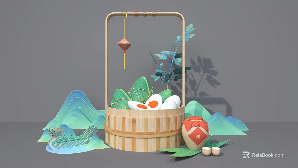 Traditional Dragon Boat Festival Bamboo Basket with Zongzi Eggs Red Lantern and Mountain Decor 3d model 