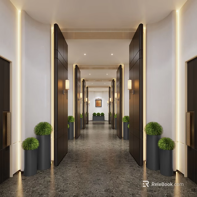 Elegant Hotel Corridor With Dark Doors Green Potted Plants Wall Sconces And Framed Painting 3d model 