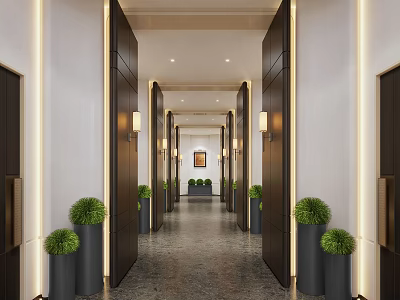 Elegant Hotel Corridor With Dark Doors Green Potted Plants Wall Sconces And Framed Painting 3d model