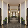 Elegant Hotel Corridor With Dark Doors Green Potted Plants Wall Sconces And Framed Painting