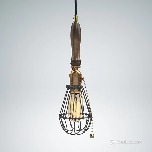 Vintage Pendant Light With Wooden Handle Brass Base And Metal Cage Design 3d model 