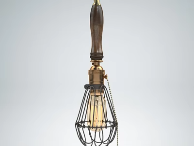 Vintage Pendant Light With Wooden Handle Brass Base And Metal Cage Design 3d model