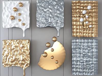 Modern Textured Wall Decor with Gold Silver White Finishes and Spherical Dripping Accents 3d model
