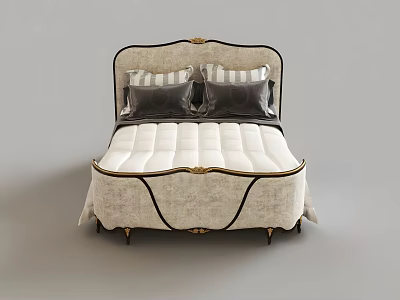 Elegant Upholstered Double Bed With Carved Headboard Decorative Trim And Plush Pillows 3d model