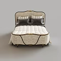 Elegant Upholstered Double Bed With Carved Headboard Decorative Trim And Plush Pillows