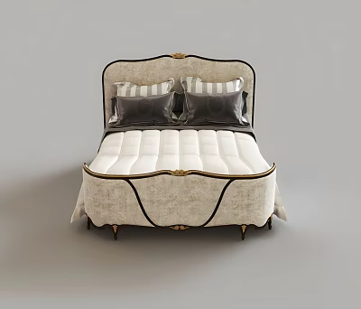 Elegant Upholstered Double Bed With Carved Headboard Decorative Trim And Plush Pillows 3d model