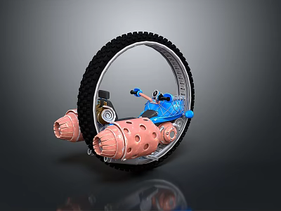 Futuristic Blue Motorcycle With Circular Wheel And Pink Thrusters Design 3d model