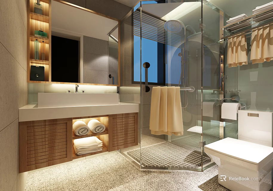 Modern Cozy Bathroom With Wooden Vanity And Frameless Glass Shower Enclosure With Ample Storage Space 3d model 