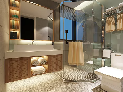 Modern Cozy Bathroom With Wooden Vanity And Frameless Glass Shower Enclosure With Ample Storage Space 3d model