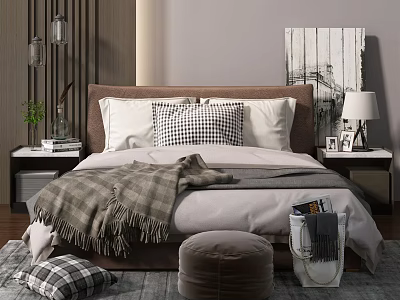 Double Bed with Brown Headboard White Pillows Checkered Blanket and Nightstands with Lamp 3d model