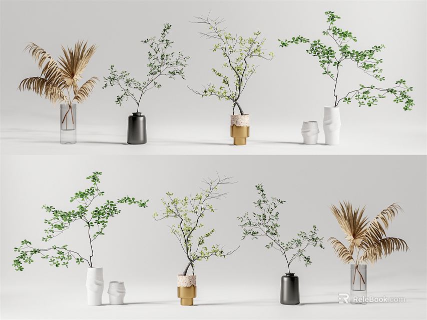 Modern Ceramic Glass Metal Vases With Green Ferns Tree Branches And Leafy Plants 3d model 