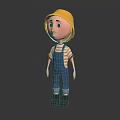 3D Animated Boy Character Wearing Yellow Hard Hat Striped Shirt Blue Overalls And Black Boots
