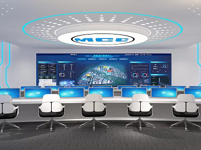 High Tech Control Room with Multiple Monitoring Screens Control Workstations and Operator Chairs 3d model
