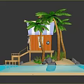 Tropical Scenic View With Orange Cabin Palm Trees Sand Beach Wooden Dock And Blue Water